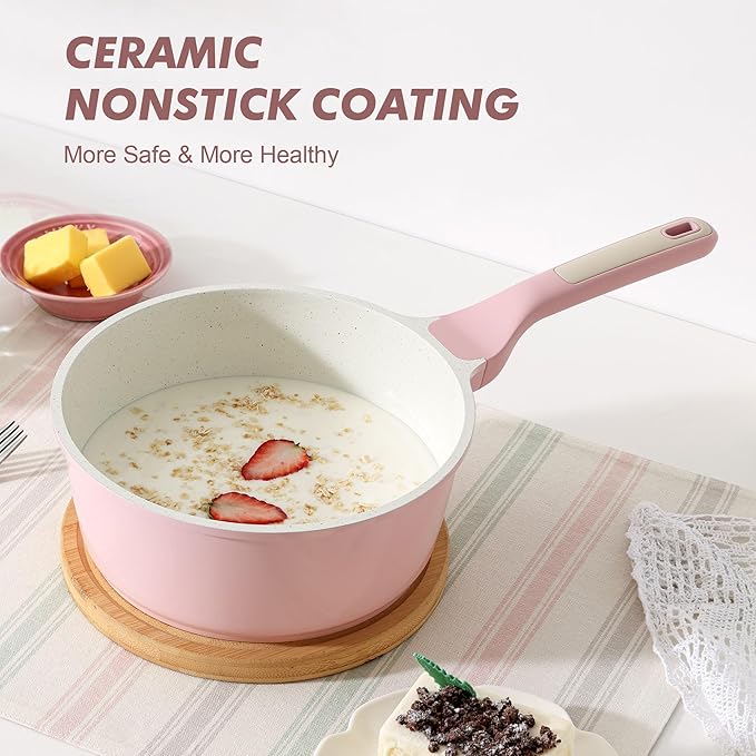 SENSARTE White Ceramic Nonstick Saucepan with Lid 2.5 Quarts, Medium Cooking Pot with Stay Cool Handle, Induction Compatible Saucepot, White Granite Coating, Free of Intentionally Added PTFE/PFOA/PFAS