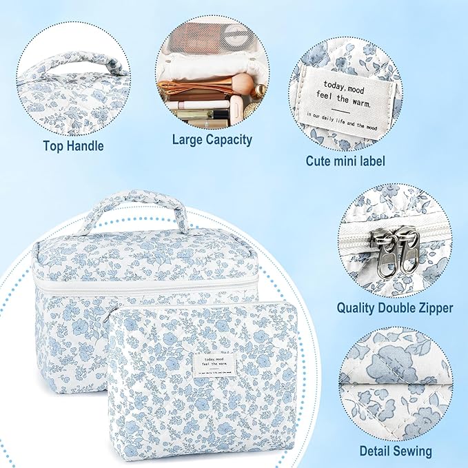 2Pcs Cotton Quilted Makeup Bag for Women Extra Large Small Travel Cosmetic Bag Set Cute Blue Floral Print Makeup Pouch Portable Toiletry Bag Organizer Coquette Vintage Puffy Travel Essential