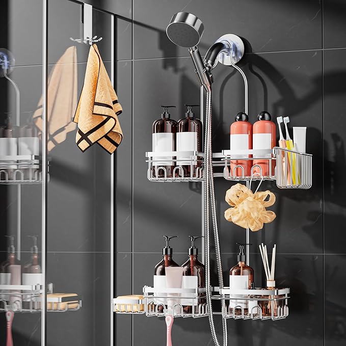 Daoun Shower Caddy Hanging with Door Hook - Split Design for Handheld Showerheads, Rustproof Over The Showerheads Bathroom Organizer with Hooks Soap and Toothbrush Holder, Bathroom Accessories Silver
