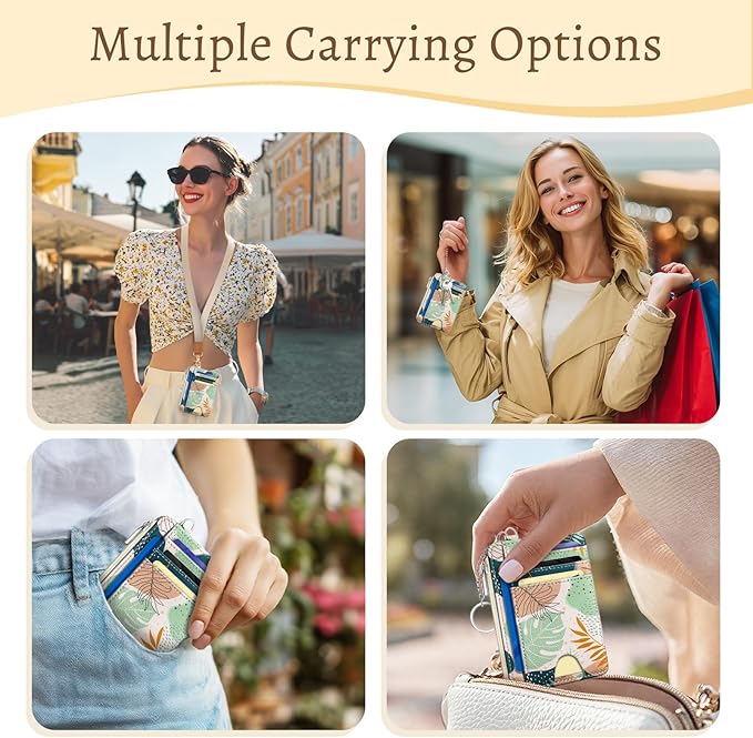 Abstract Boho Leaves Credit Card Holder Small Wallet Women, Slim RFID Blocking Wallet Woman Keychain with Zipper Coin Pocket, Front Pocket Thin Travel Card Case ID Window Female Ladies Gifts