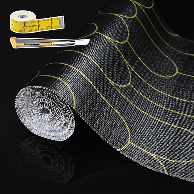 Shelf Liners for Kitchen Cabinets Drawer Liner 17.5in x 30FT Non Adhesive Black Gold Line Thickened Refrigerator Shelf Liner Paper Strong Easy to Clean for Tool Box with Knife and Tape Measure