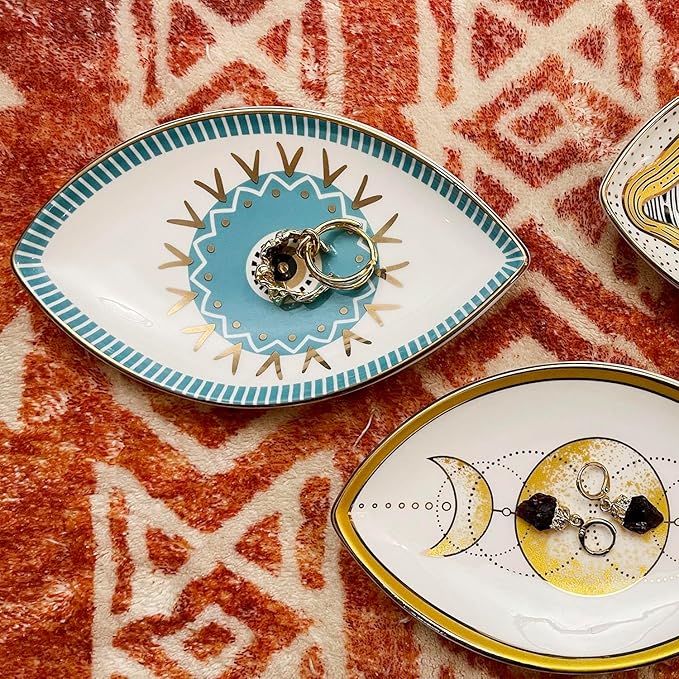 Exquisite Small Ceramic Jewelry Tray - Trinket Dish Evil Eye Decor, Gold Plate Ring Holder, Modern Boho Home Essentials, Perfume Organizer, Witchy, Aesthetic Room Decor (Blue)