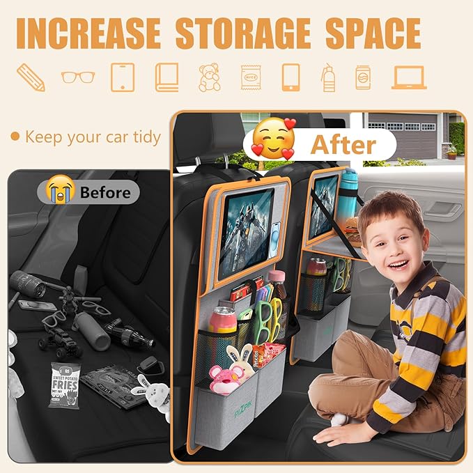 Car Backseat Organizer with Tablet Holder, 11 Storage Pockets with Foldable Food Tray, Protector Kick Mats for Kids, Travel Accessories Organizer (Orange, 2-Pack with Food Tray)