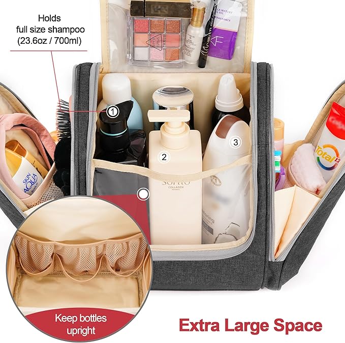 Hanging Toiletry Bag for Women & Men, Cruise Ship Travel Essentials, Holds Full-Size Shampoo, with Dry and Wet Separation Cosmetic Bag, Makeup Organizer Bag, Bathroom Water-Resistant Bag, Grey