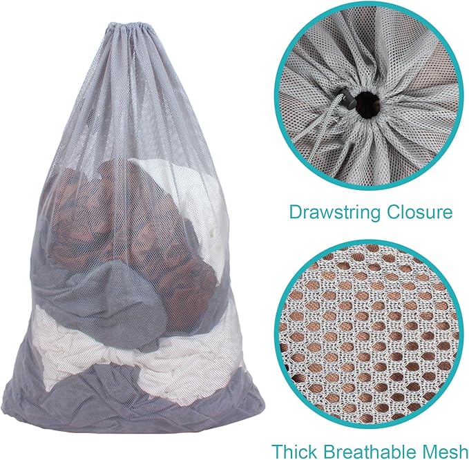 2 Pack Mesh Laundry Bags, 24 x 36 Inches Heavy Duty Drawstring Bag, Factories, College, Dorm, Travel and Apartment Dwellers, Gray