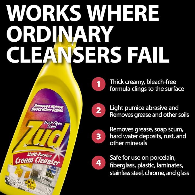 Zud Cream Cleanser (2-Pack) - Ultimate Bathroom Cleaner/Bleach-Free Formula for Shiny Surfaces/Removes Rust, Hard Water Stains, & Grime/Best for Countertops, Bathrooms, Marble, and More (530019)