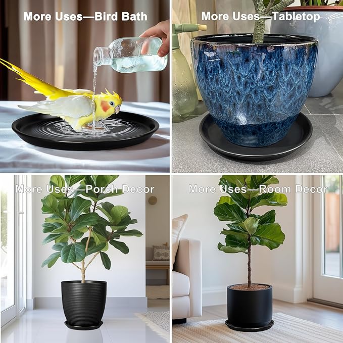 EPFamily Plant Tray for Pots 10 Inch - Ceramic Plant Saucer for Indoors, Plant Drip Tray, Plant Plates to Catch Water, Flower Pot Saucer, Decorative Plant Drainage Tray, Black