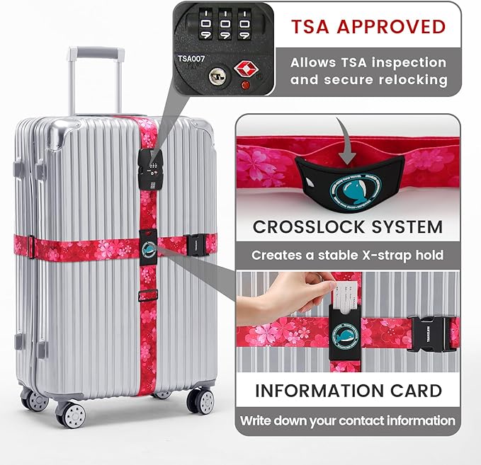 Travelkin Luggage Straps TSA Approved - Adjustable Cross Suitcase Straps with TSA Lock, Reinforced Buckle, Unique Pattern - Secure Heavy Duty Luggage Straps for Travel (Sakura)