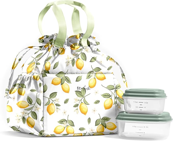 Fit & Fresh Cromwell Drawstring Lunch Bag for Women, Complete Lunch Set with 2 Containers, Stain-Resistant, Leak-Resistant, Back to School Essential, Teacher Lunchbox, Lemons
