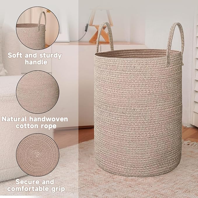 Large Woven Laundry Basket Hamper, 60L Cotton Rope Storage Bin for Blankets, Toys, and Clothes, Decorative Tall Nursery Hamper for Living Room, Baby Nursery, Bathroom, and Bedroom, Oatmeal