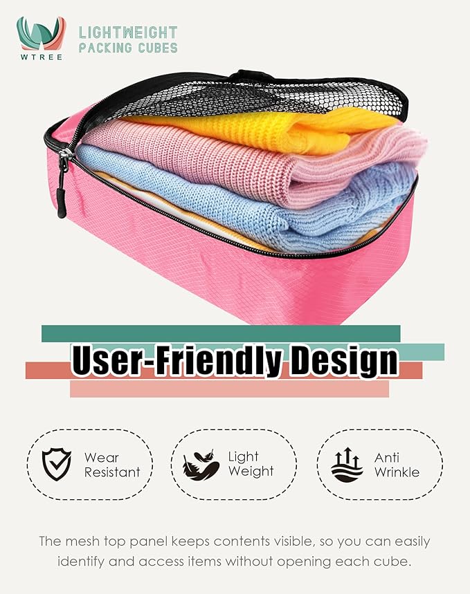 4-Piece Packing Cubes Travel Accessories Set for Suitcases - Luggage Organizer Bags with Double Zipper - Mesh Top - Small - Pink