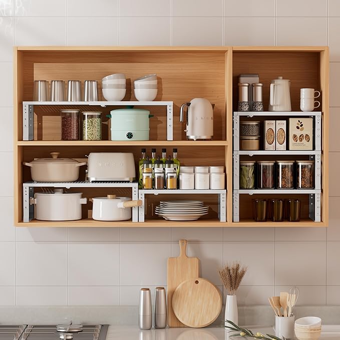 Metal Stackable Expandable Storage Shelf - Multi-Functional Home Storage Shelf, Suitable for Kitchen, Cabinet, Bathroom, Office, Garage, etc. (2 PACKS/White/Large)