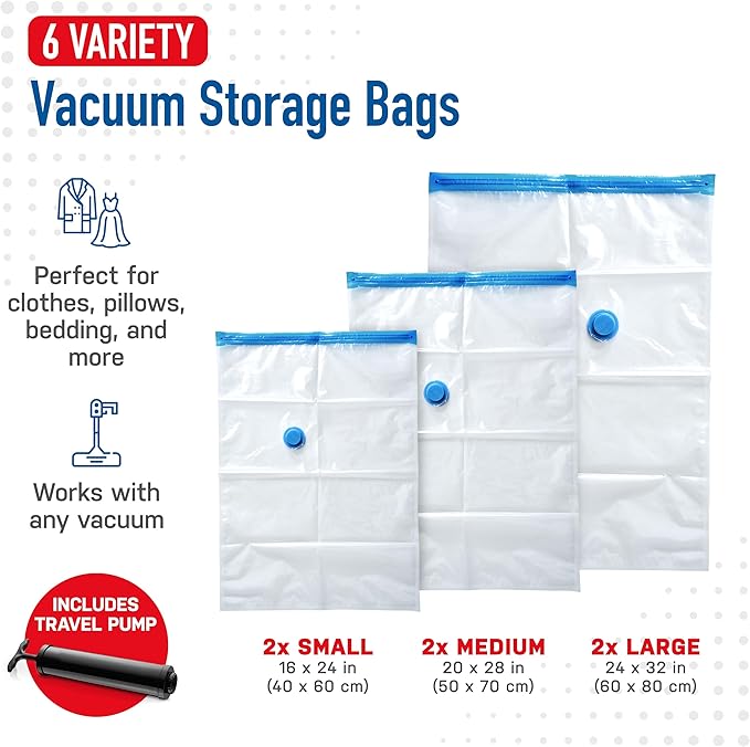 6 Pack Variety Vacuum Storage Bags for Comforters, Blankets & Clothes – Vacuum Sealed Compression Bags with Hand Pump – Space Saver Storage Bags for Bedding,Moving, Travel & Organization (2S, 2M & 2L)