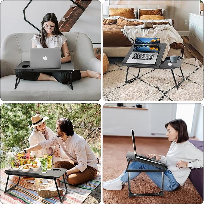 Laptop Desk for Bed Couch, Lap Desk for Laptop, Portable Laptop Stand for Desk, Small Adjustable Laptop Desk, Foldable Bed Table for Laptops and Writing, Bed Tray Table with Cup Holder (Black)