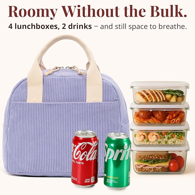 LOVELYWIND Insulated Purple Haze Lunch Bag for Women, Stylish Corduroy Tote with Aluminum Lining, Large Capacity Reusable Cooler for Work, Travel, or Beach, Beige Cream Water-Resistant Lunch Box