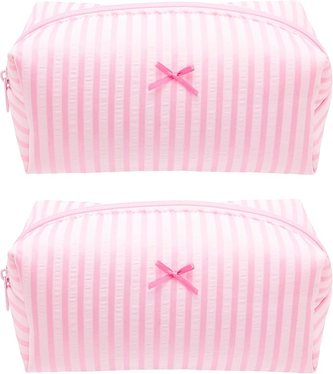 2PCS Cozy Makeup Bag Small Aesthetic Travel Zipper Cosmetic Pouch for Women Make Up Beauty Accessories Brushes, Stripe Cute Pink