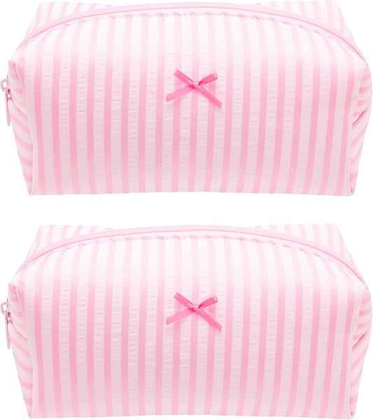 2PCS Cozy Makeup Bag Small Aesthetic Travel Zipper Cosmetic Pouch for Women Make Up Beauty Accessories Brushes, Stripe Cute Pink