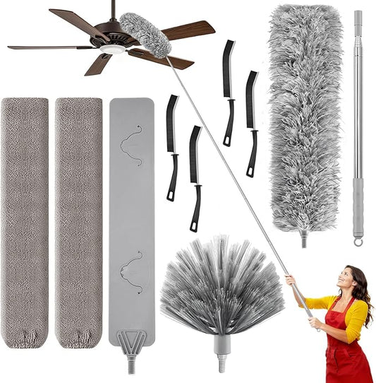 100-inch Duster with Extension Pole, 9-in-1 Cobweb Duster Kit Includes Spider Web Brush & Flat Gap Cleaner for High Ceiling, Fan, Under Appliances, Car, Home Deep Cleaning