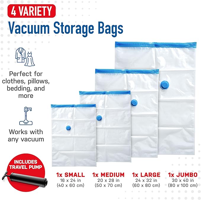 4 Pack Variety Vacuum Storage Bags for Comforters, Blankets & Clothes – Vacuum Sealed Compression Bags with Hand Pump – Space Saver Storage Bags for Bedding, Moving, Travel & Organization (2L & 2XL)