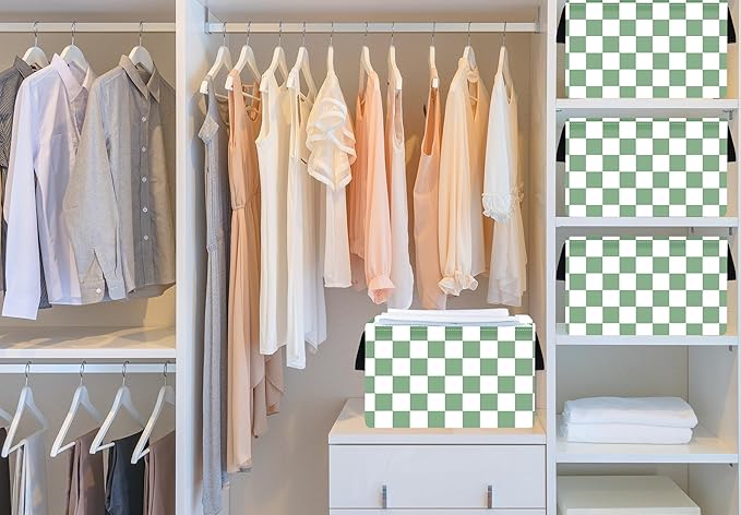 Sage Checkered Storage Basket Baby Toys Organizer Bins Decorative Gifts Bakset Waterproof Nursery Hamper Women Storage Cube Kids Laundry Basket for Home/Dorm/Kitchen/Pet/Office/Closet/Shelf/
