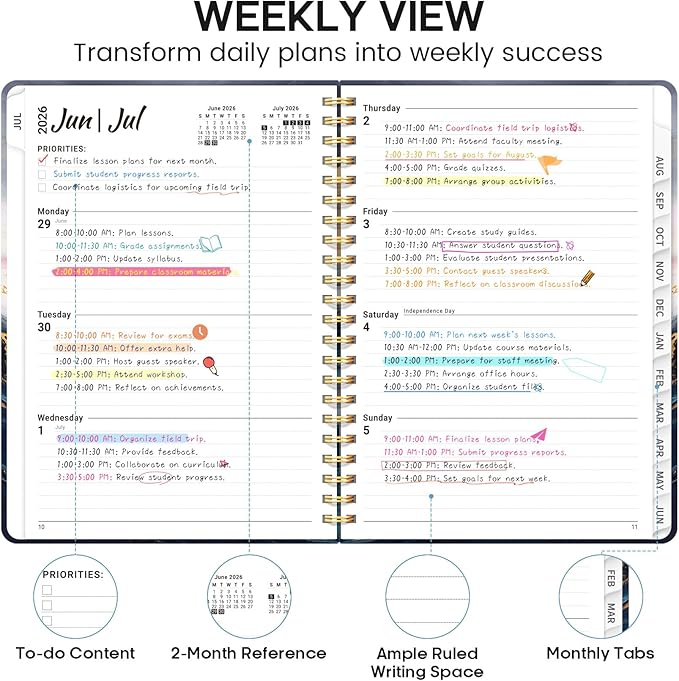 Academic Planner 2026-2027, Weekly and Monthly Calendar Book, July 2026 – June 2027, Hardcover Planner with Tabs, Perfect for Teachers, Students, Women & Men, A5 (6.4" x 8.5") - Abstract
