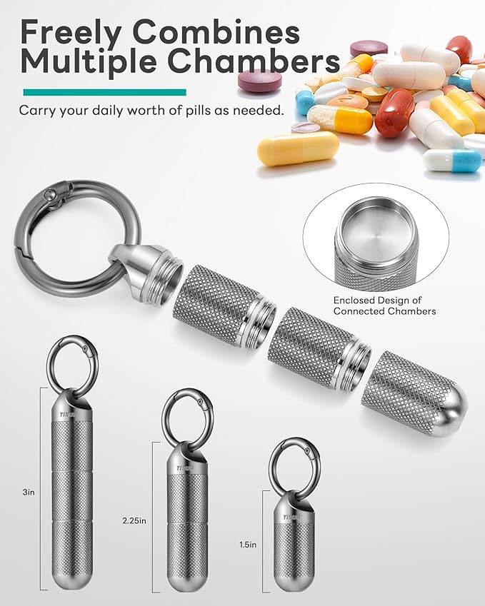TISUR Titanium Keychain Pill Holder Small Metal Pill Case, Pill Organizer Portable Waterproof Pill Container, Travel Pill Bottle Box for Purse (Small-0.51in 3 Separate Compartments)