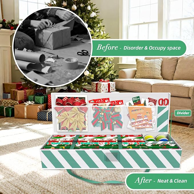 Safana Wrapping Paper Organizer Storage Bag, 42" Durable 600d Oxford Christmas Gift Wrapping Organizer Box Under Bed Storage Containers for Decorations Paper Rolls, Ribbons, Balls, Bows (Green Stripe)