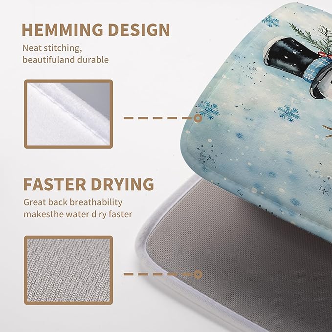 Snowman Super Absorbent Dish Drying Mat, 18x24 Inch, Winter Blue Snowflake Dish Drainer Rack, Large, Microfiber Dry Mat, Christmas Kitchen Accessory