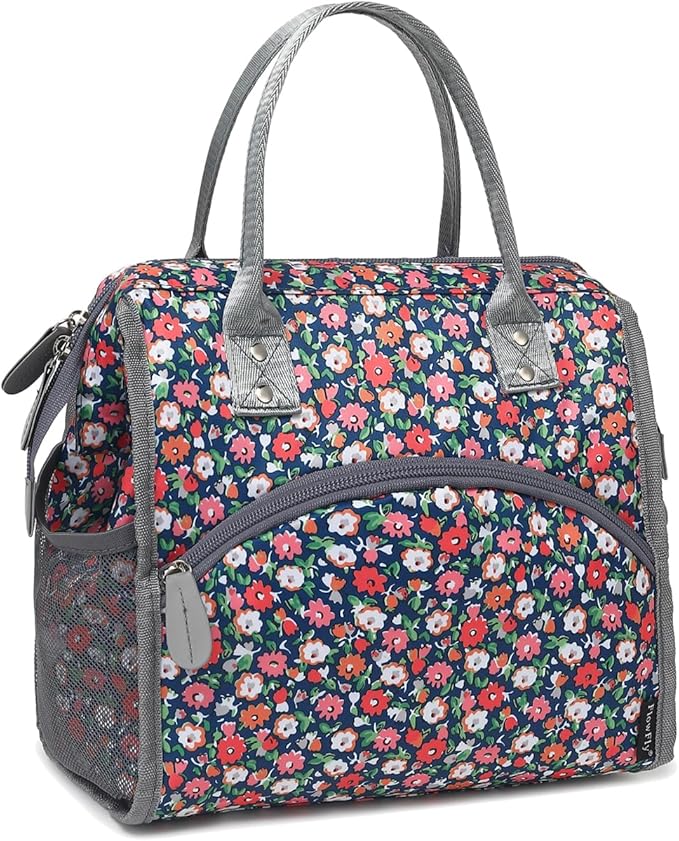 FlowFly Insulated Lunch Bag for Women, Men, Large and Reusable, with Handle, for Work, Travel, and Meal Prep Organizer, Floral