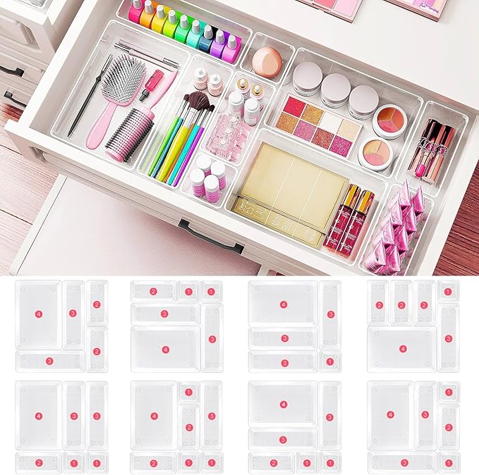 15 Piece Clear Plastic Drawer Organizers Set - 4 Sizes Bathroom & Dresser Storage Bins, Stackable Kitchen Desk Organizer Trays for Makeup, Jewelry, Utensils, Junk, Gadgets