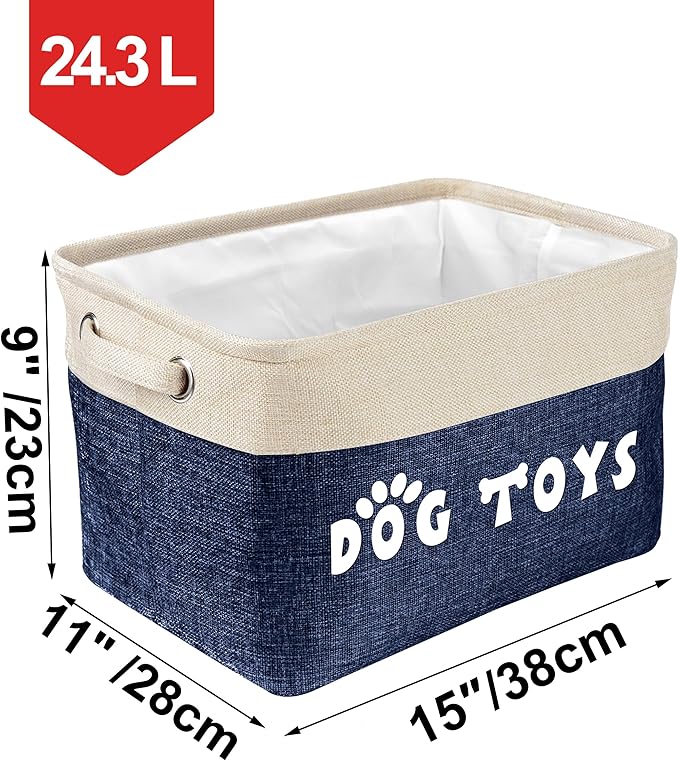 PET ARTIST Dog Toy Basket, Collapsible Dog Toy Bin Box with Comfortable Handles, Large Pet Toy Storage Basket Organizer for Accessories, Toys, Coat & Clothing, Blanket & Leash, Navy Blue, 15"x11"x9"