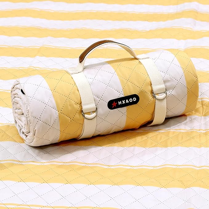 HX&OD Extra Large Picnic Outdoor Blanket, 80”x60” Waterproof Picnic Mat Foldable Camping Blanket Portable with Carry Strap for Beach Mat Outdoor Camping Party (Yellow)