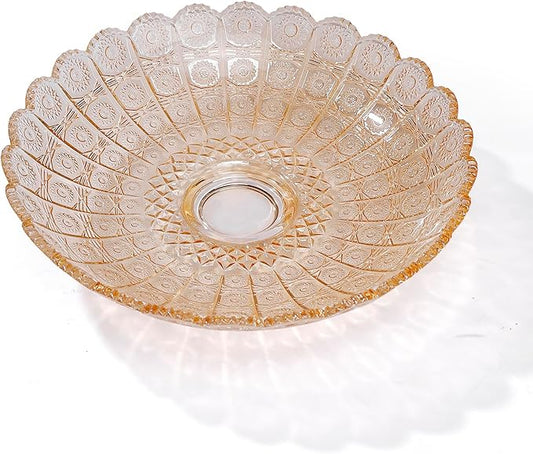Unique Gold Flower-Shaped Crystal Glass Decorative Footed Bowl - 10.6 inch Diameter, Tabletop Fruit Plate, Dessert Plate, Cake Plate, Candy Tray, Wedding Home Decor.