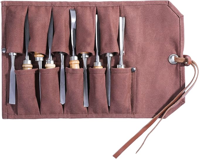 Tool Roll Up Bag with 10 Staggered Tool Pockets, Portable Carry Small Wrench Roll Up Pouch (Brown)