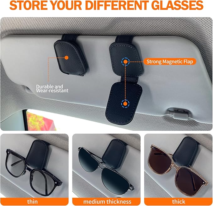 Sunglasses Holders for Car Sun Visor, 2-pack Magnetic Leather Glasses Eyeglass Hanger Clip for Car, Ticket Business Card Clip Eyeglasses Mount Car Visor Accessories (Grey)