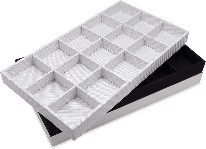The Display Guys - Stackable Jewelry Tray and Organizer - for Drawers, Dressers, Store Display (15 Compartments, Beige Burlap)
