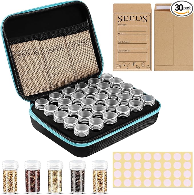 30 Slots Seed Storage Organizer with 20 Seed Envelopes, Sturdy Seed Organizer Storage Box with Zipper Bag Label Stickers(Seeds not Included), Seed Storage Container for Flower Plants Garden
