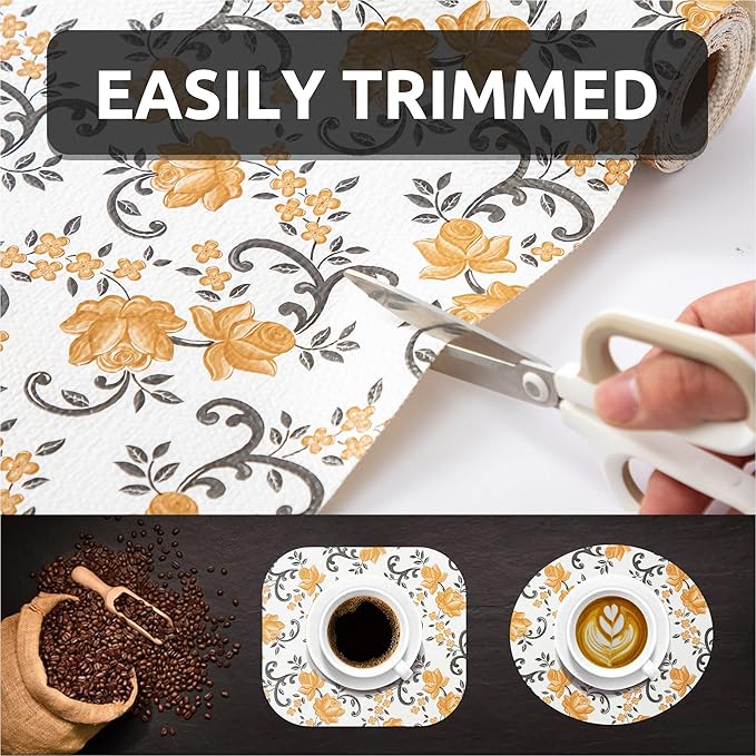 FIFTY FEET 12X120 Inch Shelf Liner for Kitchen Cabinets, PVC Drawer Liner for Dresser Non-Slip Bathroom, Non-Adhesive Cabinet Liner Washable (Yellow Floral)(8 Roll)