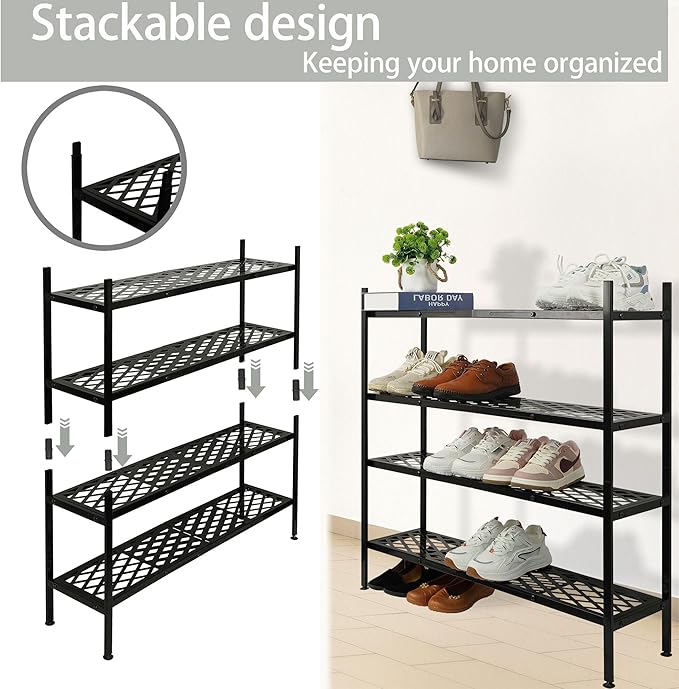 Shoe Rack, Expandable Shoes Organizer Metal Shelf Stand, 2-Tier Stackable Long Shoe Storage Holder for Closet, Floor, Entryway, Garage, Bedroom, Door Entrance for 12-18 Pairs, 45.6 Inches, Black