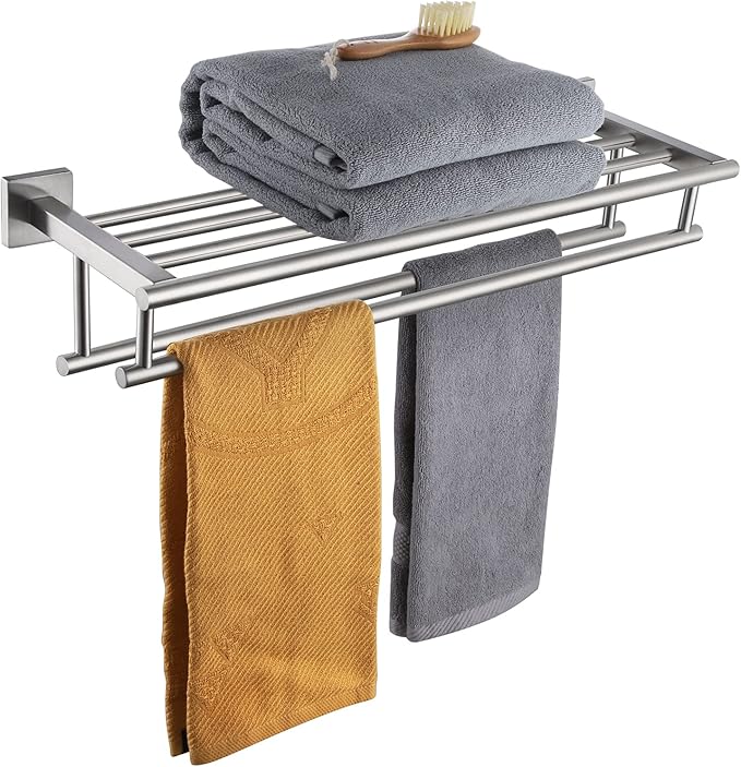 KOKOSIRI 24 Inch Towel Shelf with Double Towel Bars Bathroom Towel Rack Towel Holder Wall Mounted SUS 304 Stainless Steel, Brushed Nickel, B6005BR-L24