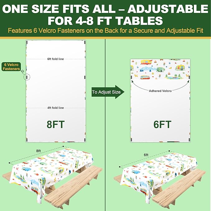 Extra Thick Camping Tablecloth with Clips & Storage Bag, Picnic Tablecloth, Fits 4ft to 8ft Picnic Tables, Polyester, Washable, Spill & Stain Resistant, Water Repellent - Cute Campers