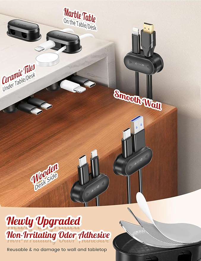 10 Hole Cord Organizer Cable Clips [1s Slide Lock] Cord Holder, Cable Management, Adhesive Phone Charging Keeper Wire Cord Holder for Nightstand/Car/Wall, Home Office/Desk Accessories-Black