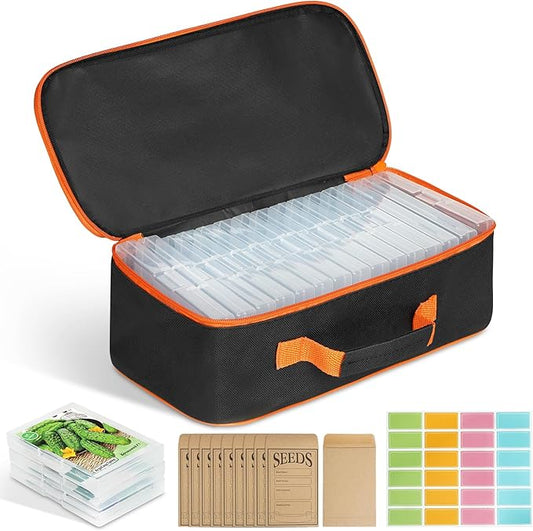 15 Slots Seed Storage Organizer Box with 20 Seed Envelopes, Large Capacity Seeds Storage Container with Zipper Bag Label Stickers, Seeds Saving Container for Garden Vegetable and Flower (Orange)