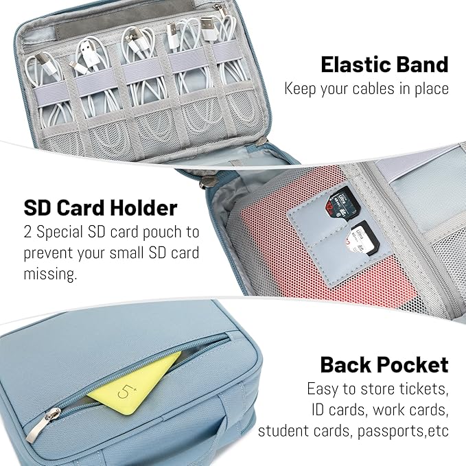 Lanola Travel Cable Organizer Bag, Electronic Accessories Case Portable Double Layer Cable Storage Bag for Cord, Phone, Charger, Flash Drive, SD Card, Phone, Power Bank, Personal Items - Grey