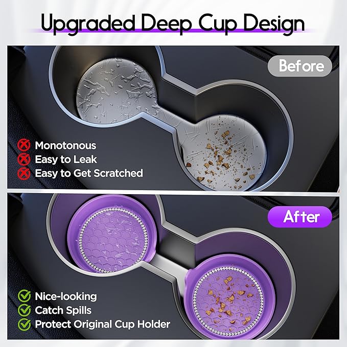 Amooca Car Cup Coaster Universal Non-Slip Cup Holders Bling Crystal Rhinestone Car Interior Accessories 2 Pack Purple