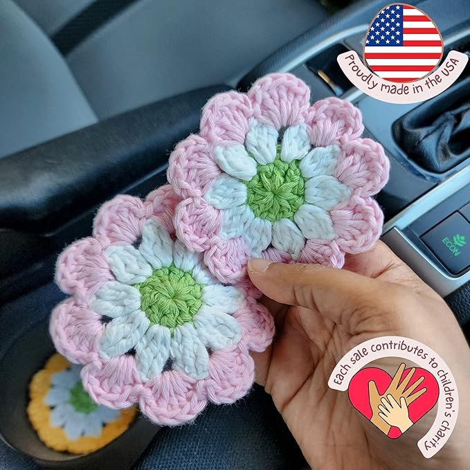 Cotton Car Coasters 2pc Car Cup Coasters Cute car Accessories for Women car Coaster for Cup Holders (Rosy Glow)