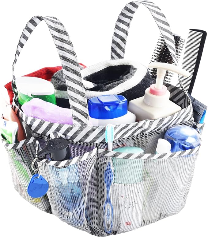 Haundry Mesh Shower Caddy Bag, Portable College Dorm Bathroom Tote, Quick Dry Holder for Camp Gym, 8 Basket Pockets with Key Hook and 2 Oxford Handles, Gray