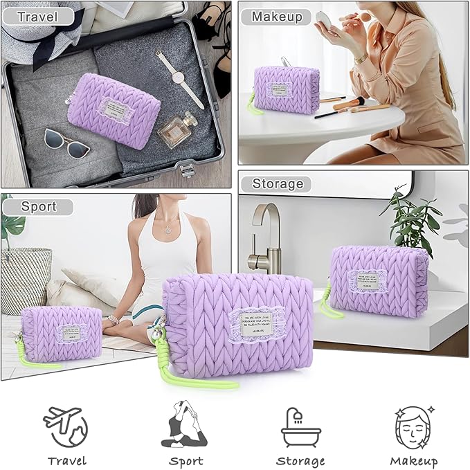 DOB SECHS Small Puffer Makeup Bag Quilted Cosmetic Bag with Handle, Cute Makeup Pouch for Purse, Cotton Woven Puffy Toiletry Bag for Women Mini Quilt Travel Essentials Organized Zipper Pouches, Purple