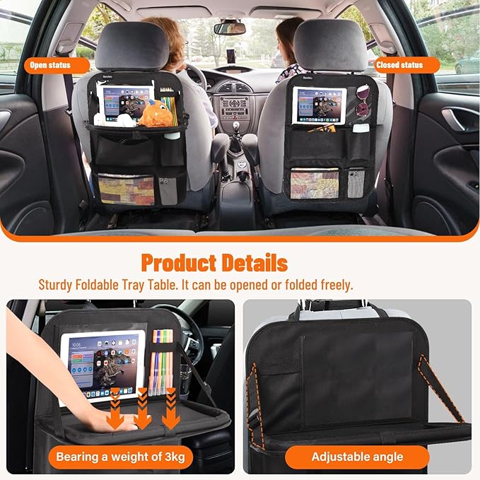 Back Seat Car Organizer with Foldable Table Tray of 2 Pack-Car Kick Mats Back Seat Protector with 12 Storage Pockets Tablet Holder for Family Travel Essentials (Black)