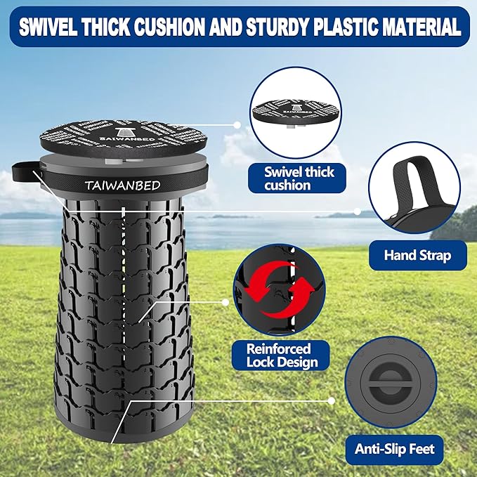 Upgraded XXL Taller 19.7" Wider 11.8" Collapsible Stool with Cushion,Adjustable Seat with Load Capacity 1000lbs, More Taller&Wider Portable Retractable Stool for Adults Camping Fishing Hiking BBQ